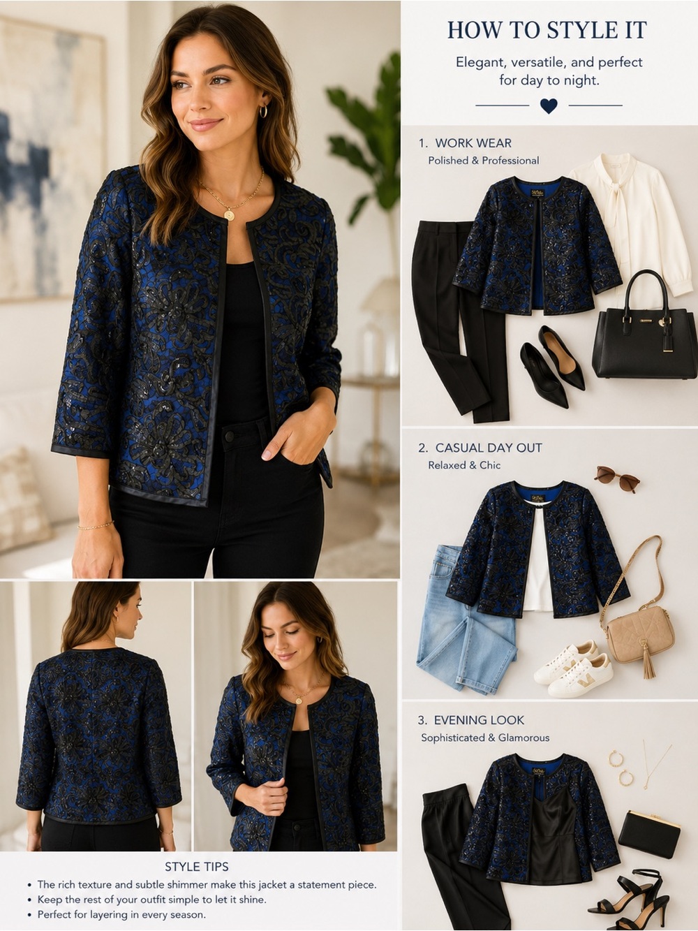 Bob Mackie Royal Blue & Black Floral Embroidered Cropped Jacket